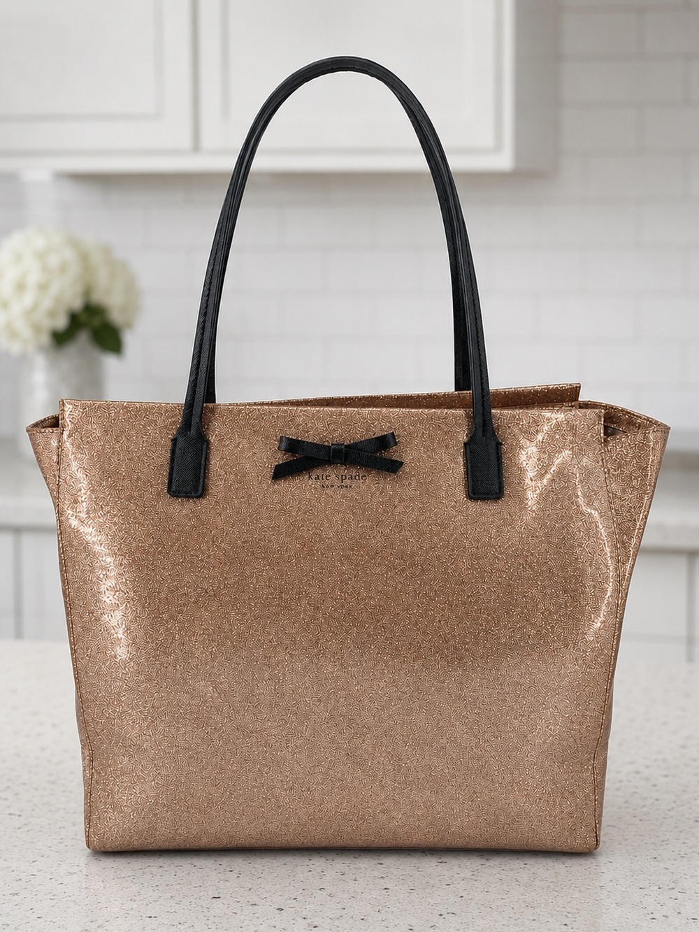 kate spade Mavis Street Taden Rose Gold Glitter Tote with Black Handles